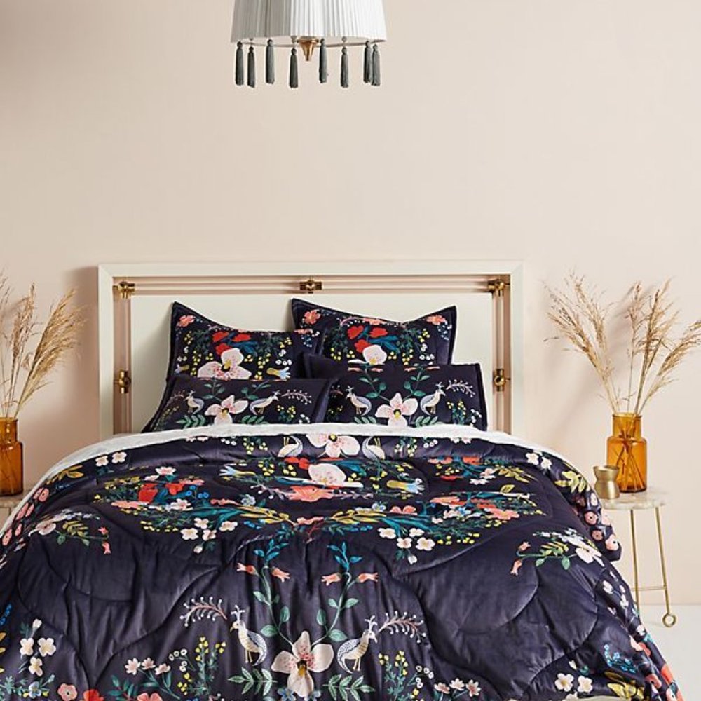 Anthropologie Rifle Paper Velvet Luxembourg Navy Blue Floral King Shams One Pair - Picture 5 of 5